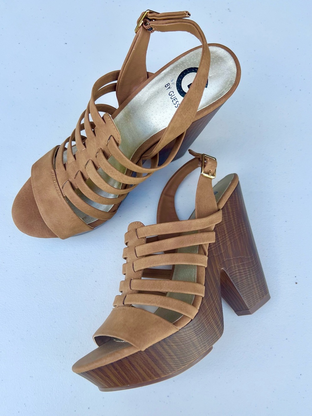 GUESS Tan Strappy Platform Sandal with Wood-Look Block Heel